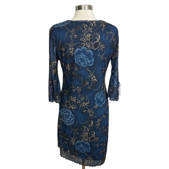 Vintage Y2K 90s Expressions MEDIUM Blue Floral Lettuce Hem V-Neck Midi Dress - Picture 5 of 11